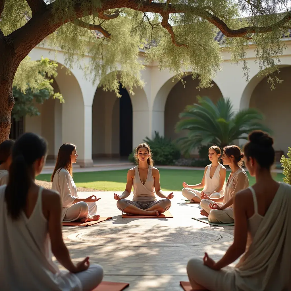 Vista del estudio de yoga con luz natural y decoración zen.