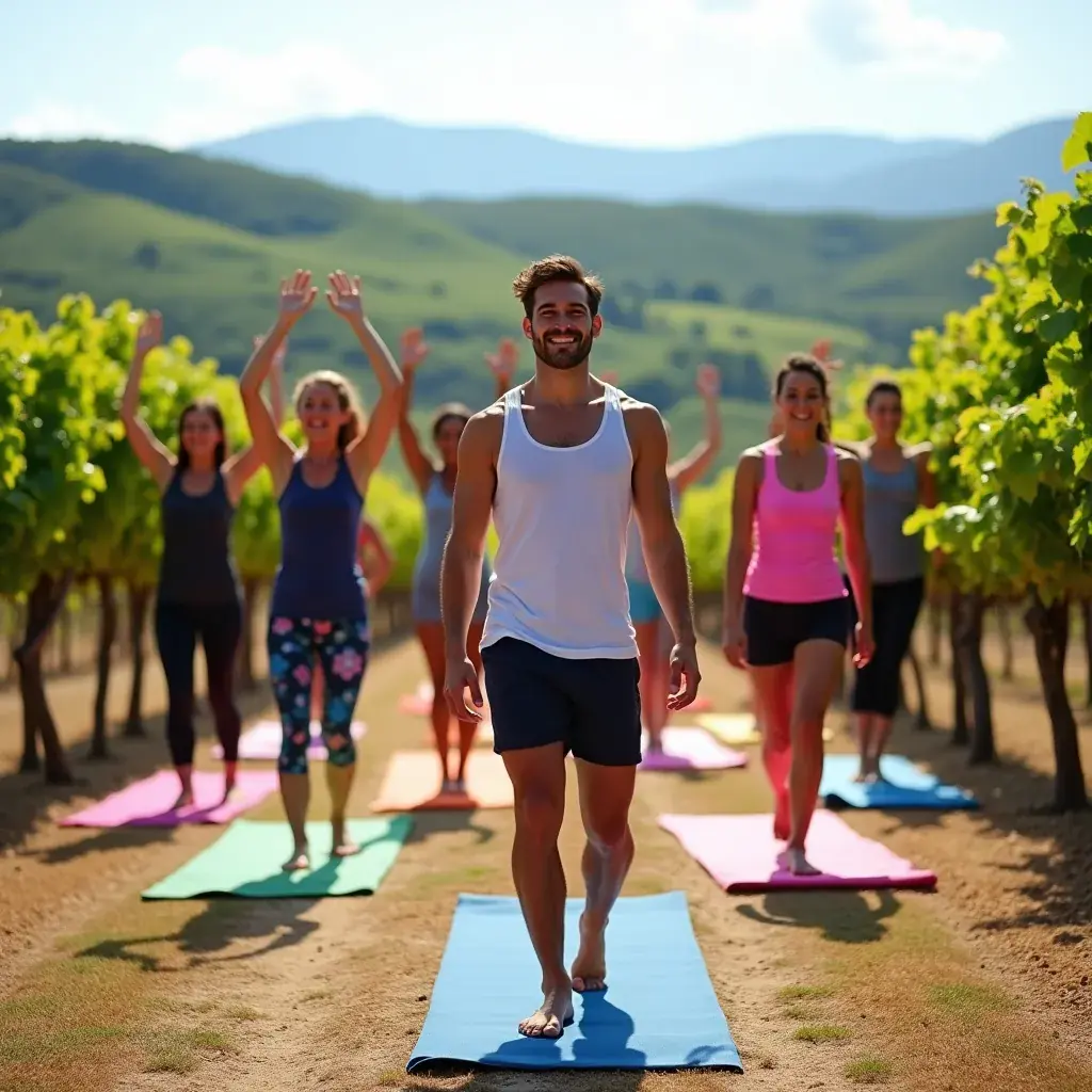 Clase de yoga al aire libre en un parque con árboles alrededor.
