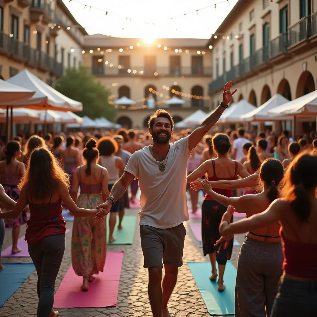Estudiante practicando la postura del guerrero en una clase de yoga.